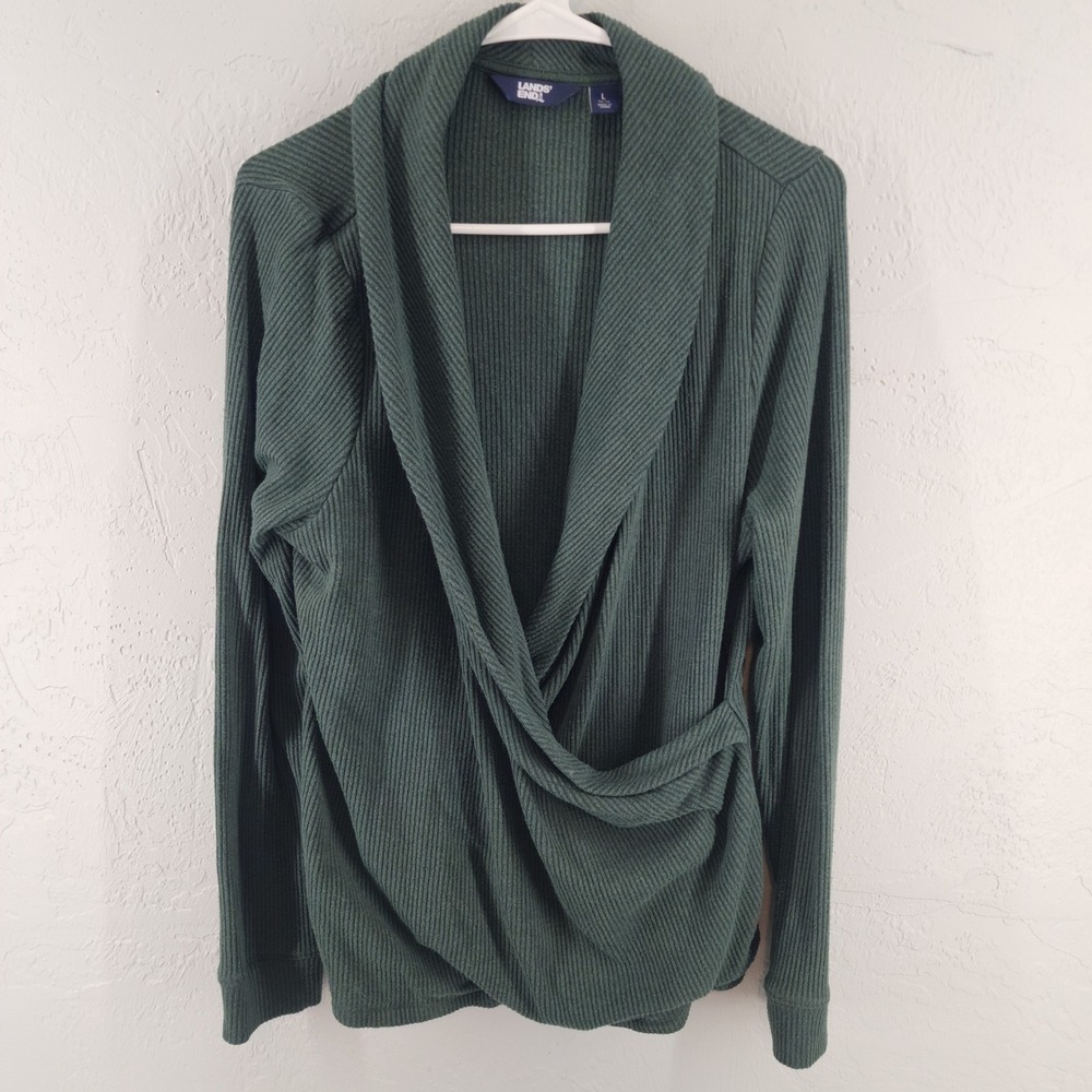 Lands' End Large | Green Ribbed Shawl Collar Surplice Wrap Top‎ Long Sleeve Cozy